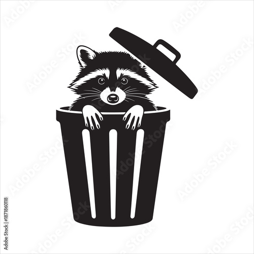 Raccoon hiding in trash can silhouette icon, Raccoon peeking out of trash can silhouette vector art
