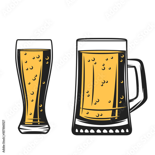 Beer glass and beer mug hand drawn vector illustration set
