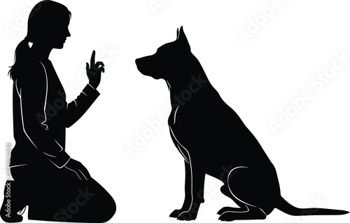 Silhouette of man training dog with hand gesture, obedience command, pet behavior, animal interaction, loyalty, communication, companionship, discipline