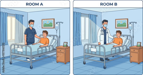 Hospital patient care comparison showing nurse and doctor visiting sick child in medical room illustrating healthcare roles treatment compassion professional support hospital environment teamwork