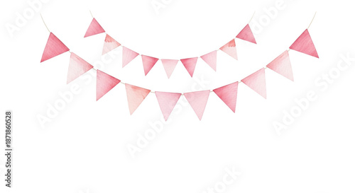 watercolor illustration of a delicate pastel pink bunting garland with triangular flags, isolated on a bright white background with copy space. minimalist celebration atmosphere