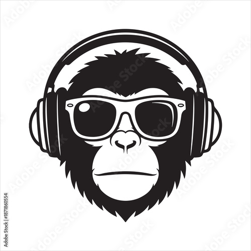 Canvas Print Cool neon party dj monkey in headphones and sunglasses silhouette, Sunglasses an