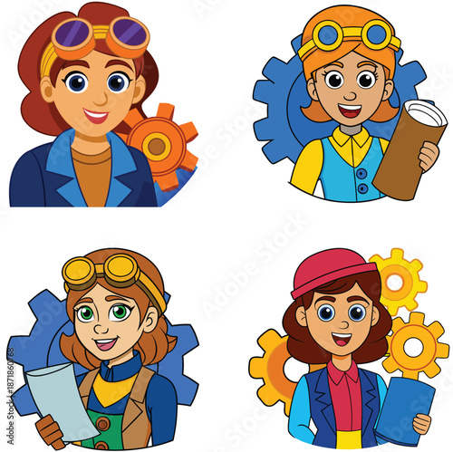 Woman inventor holding blueprint, colorful vector