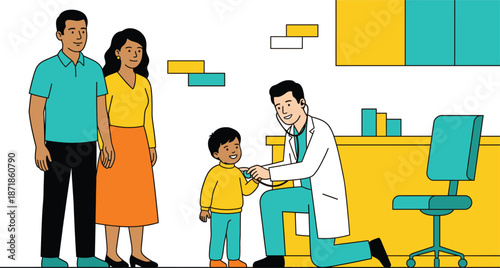 Pediatric doctor examining child with stethoscope, parents present, family healthcare visit, modern clinic interior, medical consultation illustration, child wellness checkup concept
