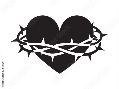Heart shaped crown of thorns isolated, Sacred Heart with Crown of Thorns Silhouette Illustration