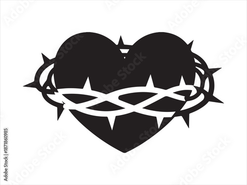 Heart shaped crown of thorns isolated, Sacred Heart with Crown of Thorns Silhouette Illustration