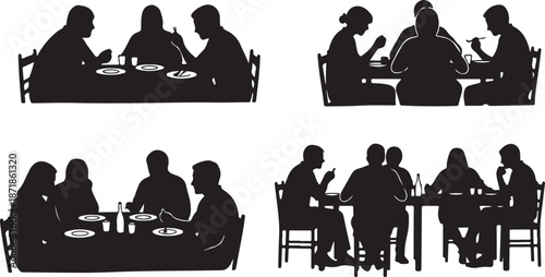 Silhouettes of people dining at tables together