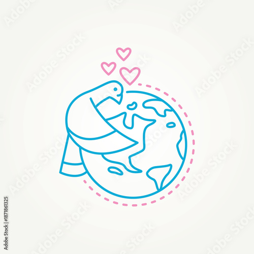 dove hugs the earth peace symbol line art icon logo vector illustration design