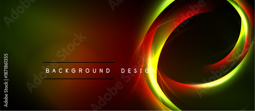 Abstract background features vibrant swirling lines. Colors transition from green to red, creating dynamic visual effect. Dark space dominates composition.