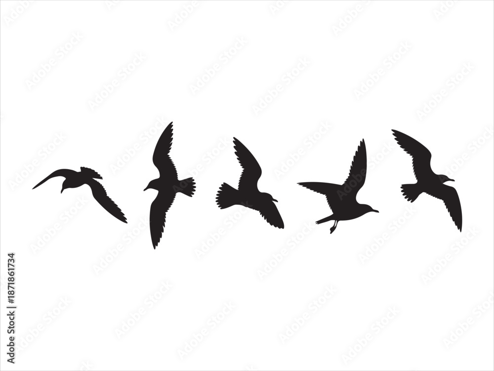 Obraz premium Group of flying birds silhouette, flock of birds flying, Flying Birds Group Vector Silhouette illustration