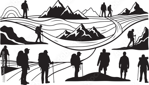 Hikers Silhouettes in Mountainous Landscape with Winding Trails Ahead