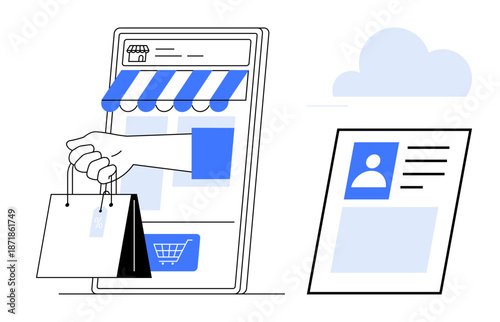 Online shopping. Digital commerce and e-commerce trends highlighted through a mobile storefront design. Online shopping connecting buyers with profiles, secure payments, and digital retail. Perfect