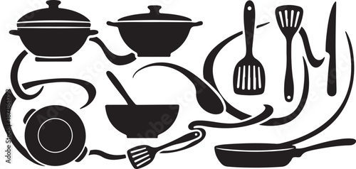Black kitchen utensils and cookware on white background