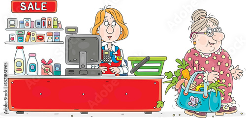 Girl cashier in uniform at her desk with a cash register and an elderly woman buyer with a shopping bag full of fresh food leaving a supermarket, vector cartoon illustration on white