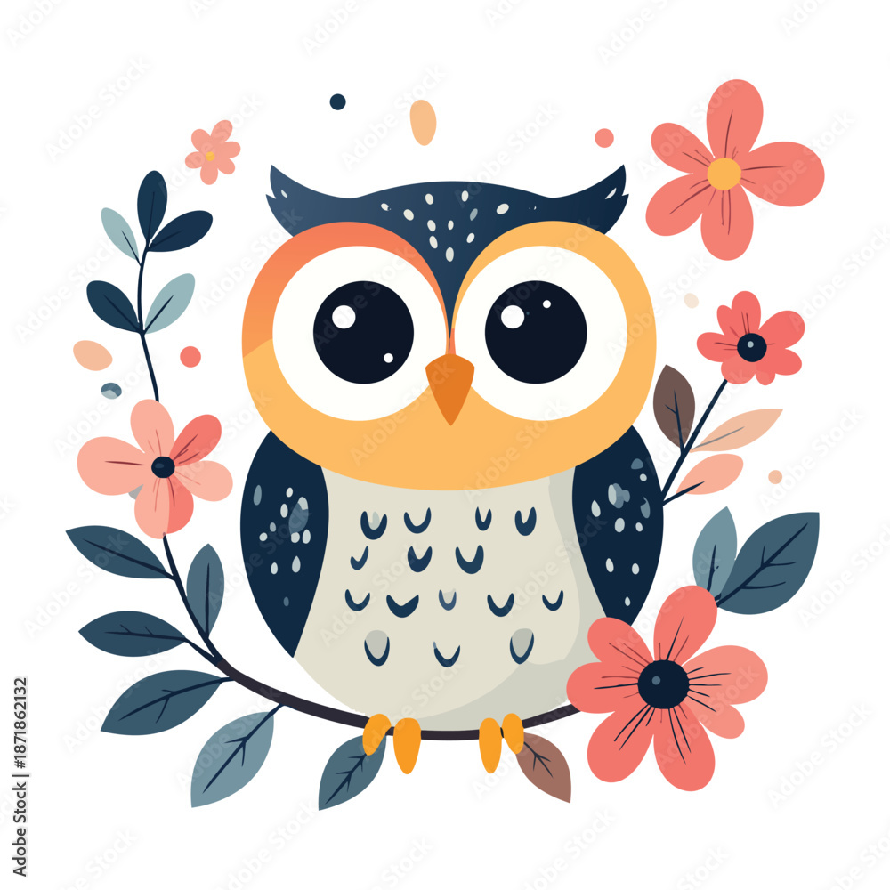 Fototapeta premium Cute cartoon baby owl with a heart and flowers on a nature tree branch vector illustration for a wise animal family love card