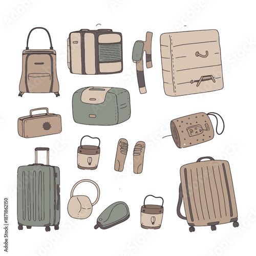 Assorted Travel Bags and Luggage in Beige and Green Colors suitcases handbags backpacks