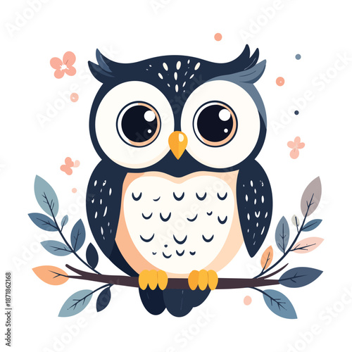 A cute cartoon illustration of a wise brown owl character with detailed feathers and a sharp beak perched on a tree branch in a wild nature design