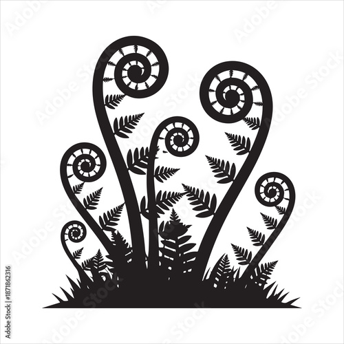 Silhouette black fern frond spiral, A fern leaf swirl silhouette vector illustration