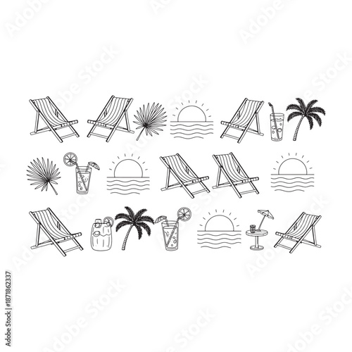 Beach vacation with deck chairs, palm trees, drinks, and sunset scenes in black and white line lounge chair