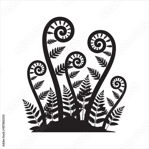Silhouette black fern frond spiral, A fern leaf swirl silhouette vector illustration