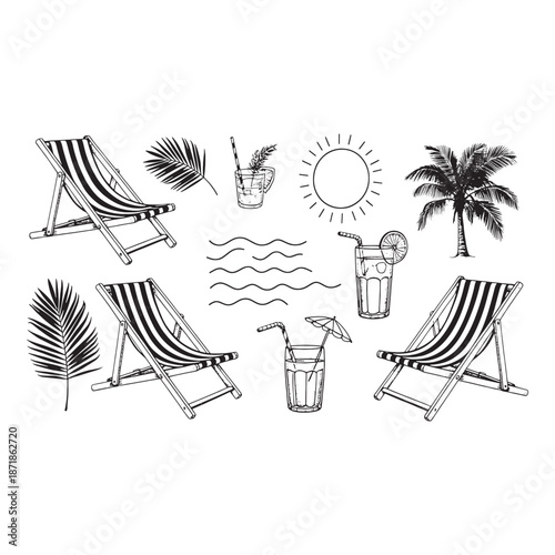 Black and white of beach chairs drinks palm trees and sun deck chairs