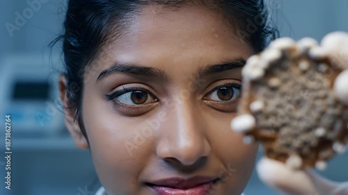 A focused young female scientist in a lab coat intently examines a petri dish with a growing culture, possibly mold or bacteria, in a laboratory setting.