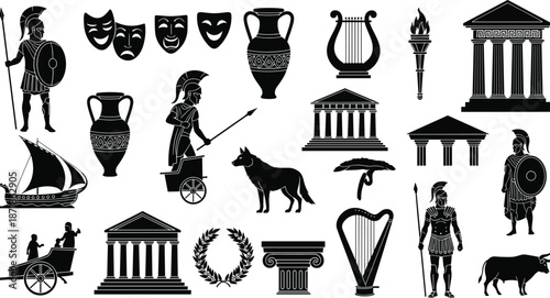 Ancient Greek civilization silhouette collection, mythology warriors architecture symbols set, classical history vector isolated on white background