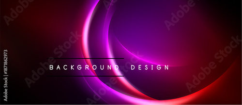 Abstract neon lights create vibrant curves. Dark background emphasizes glowing purple, pink hues. Modern design element.