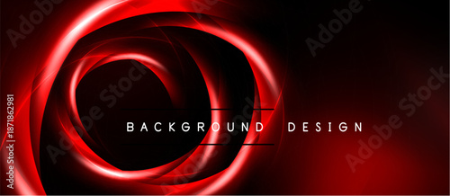 Abstract red swirls over black backdrop. Dynamic energy radiates from central point. Text reads background design. Modern visual element.