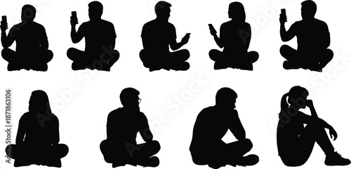 People sitting silhouette using smartphone, mobile phone addiction concept, modern lifestyle characters, black vector illustration set