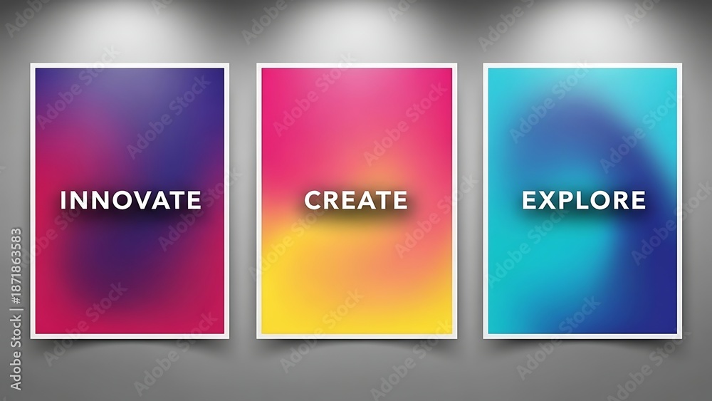 Fototapeta premium Three posters with inspirational words displayed on a grey wall under spotlights