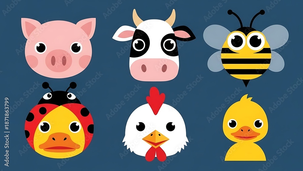 Fototapeta premium A collection of farm animals and insects illustrated in a cartoon style