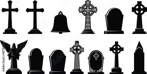 Cemetery silhouette set, grave cross tombstone symbols, gothic memorial collection, religious funeral monuments, isolated vector illustration