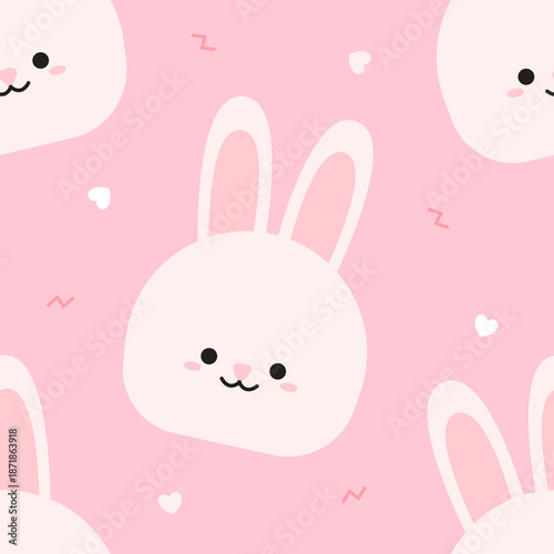 Cute Rabbit Seamless Pattern with Kawaii Cartoon Bunny Faces, Kids Vector Design
