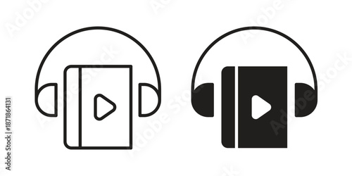Audiobook icons line and solid version, outline and filled vector design set
