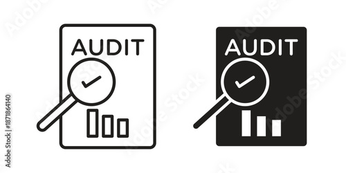 Audit report icons line and solid version, outline and filled vector design set
