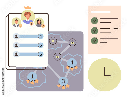 Team ranking, data sorting, user network, performance evaluation, decision-making, online platforms. Visual of user profiles, score-based rankings and data . Team ranking and data sorting concept