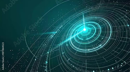 A futuristic digital background showcasing glowing concentric circles and a central light beam surrounded by abstract particles on a dark teal background.