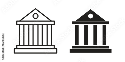 Bank icons line and solid version, outline and filled vector design set
