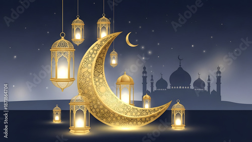 Golden Crescent Moon and Lanterns for Islamic Celebration, for festival, banner, greeting card design.