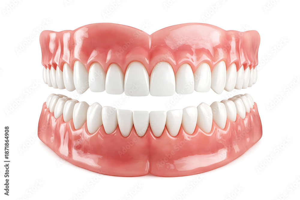 Fototapeta premium A full set of realistic 3D dentures. An artificial jaw with white teeth for dentistry and prosthetic concepts. Isolated on a white background.