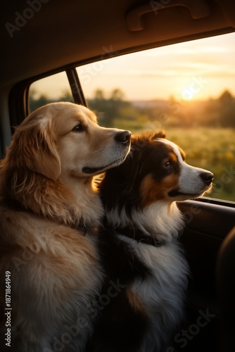 Two dogs enjoy sunset view from car window. Happy pets experience adventure and freedom. The vertical image captures their bond and joy in nature, perfect for pet lovers and travel themes.