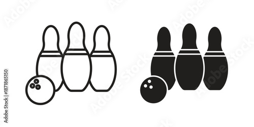 Bowling icons line and solid version, outline and filled vector design set