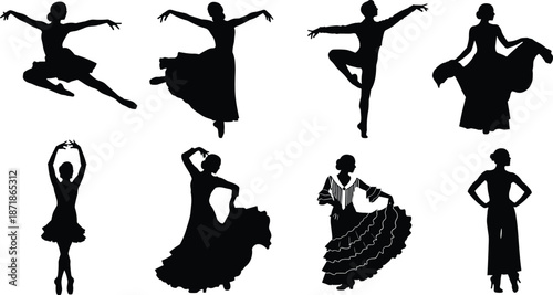 Dancing women silhouettes collection, ballet and flamenco poses, female dancers movement, artistic performance illustration set
