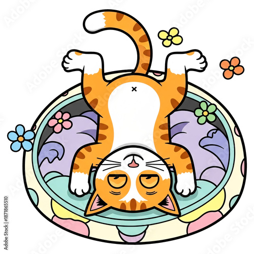 Adorable Orange Tabby Cat Illustration Relaxing Completely Upside Down Showing Belly In Colorful Plush Pet Bed Graphic