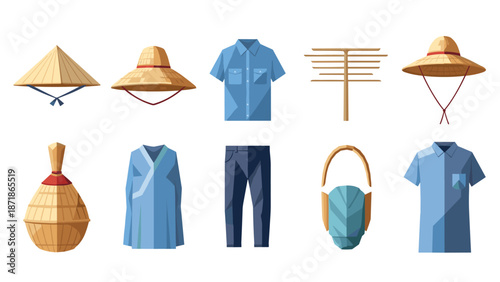 Traditional east asian attire and hats with modern flat design elements