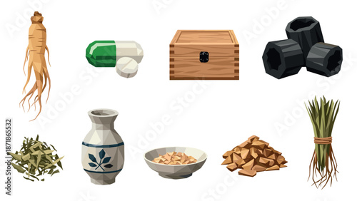 Collection of herbal remedies and natural ingredients in low poly style