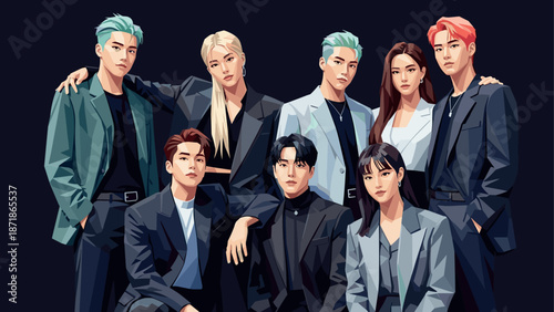 Diverse group portrait of stylish individuals in modern low poly art style