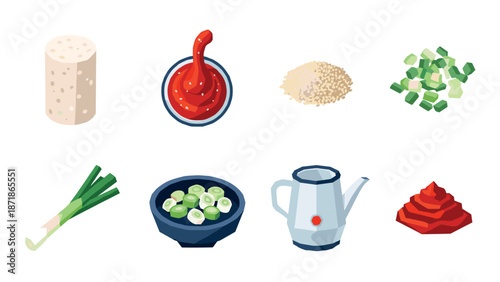 Isometric cooking ingredients set with tofu, rice, and spices on white background