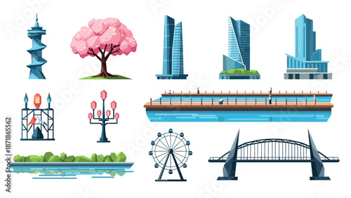 Urban landmarks and nature in flat style: skyscrapers, bridges, and ferris wheel